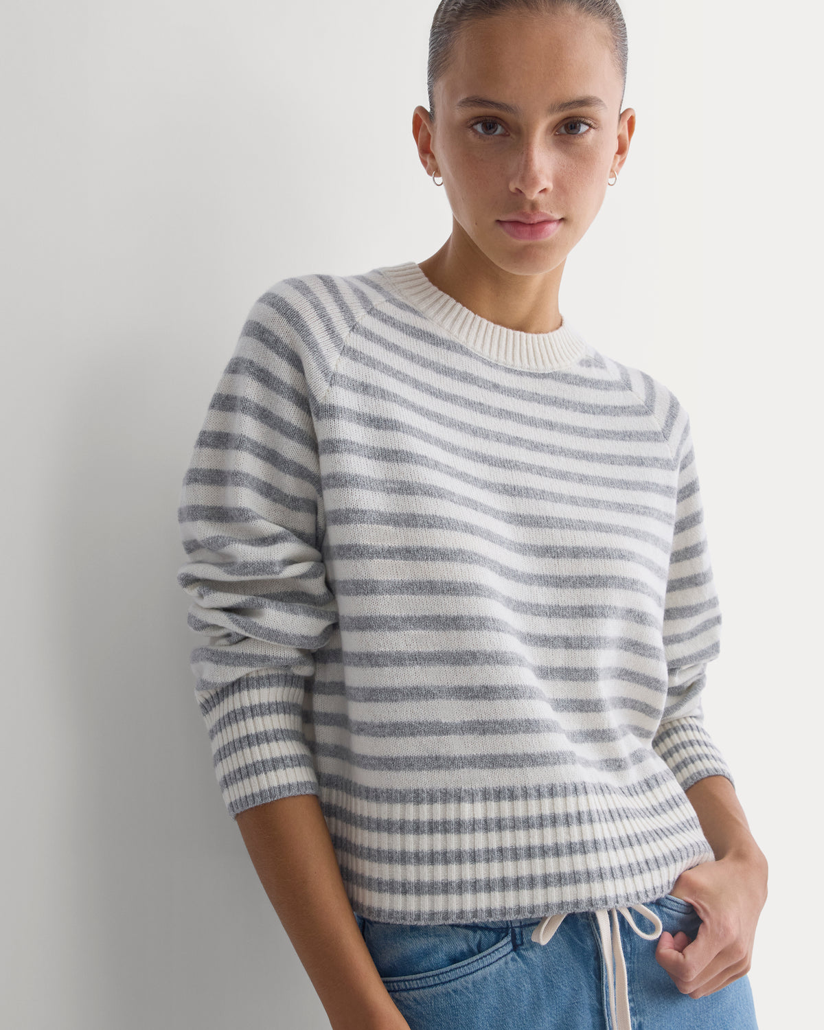 The Boxy Crew in Cashmere | Grey Stripe