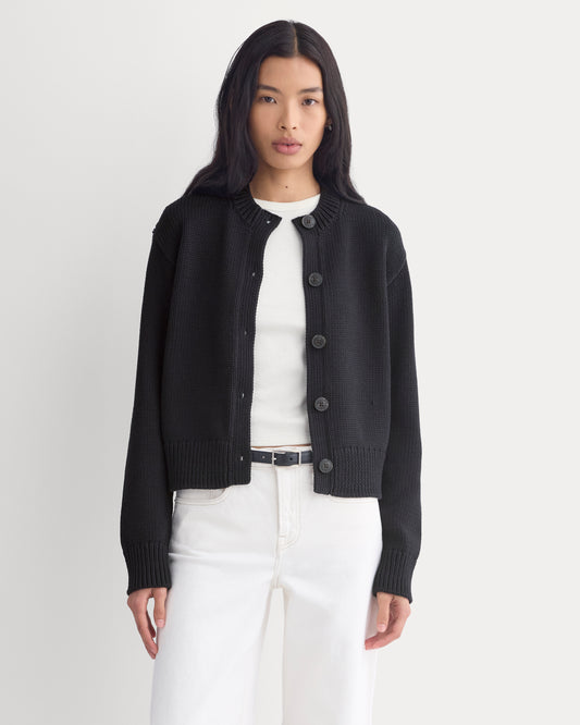 Open-Knit Cardigan Crew in Elevated Cotton | Black