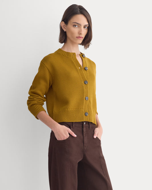 Open-Knit Cardigan Crew in Elevated Cotton | Tapenade