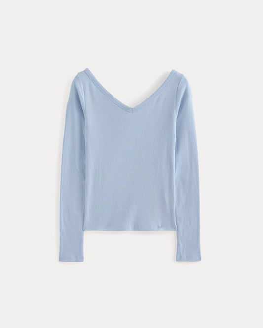 RetroSoft Cotton Wide V-Neck Top | Cashmere Blue