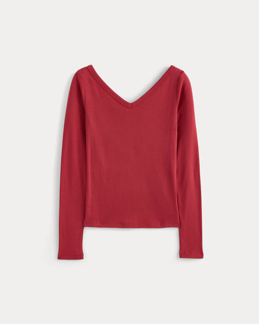 RetroSoft Cotton Wide V-Neck Top | Vintage Red