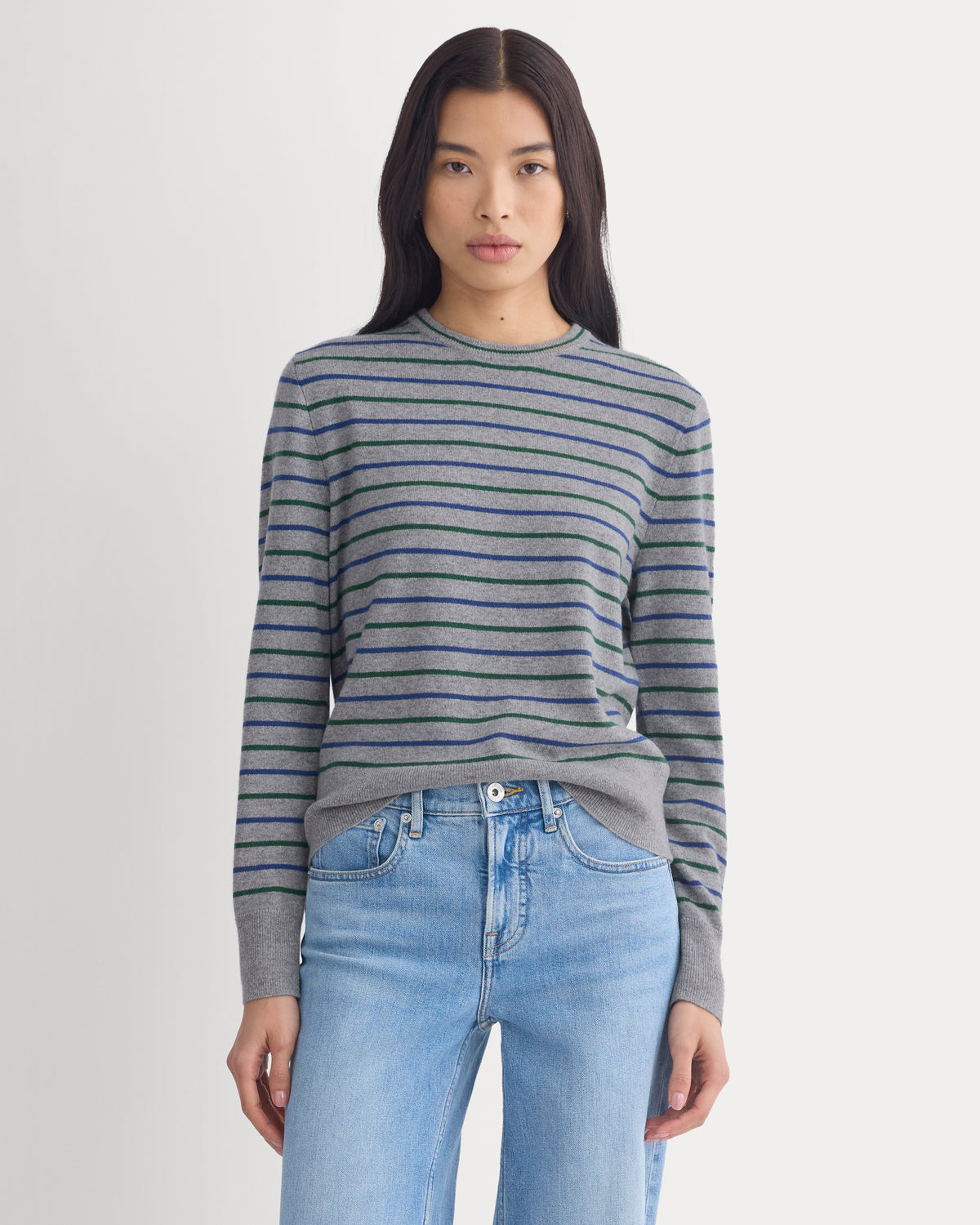 Cashmere Slim Crew Sweater | Grey Stripe