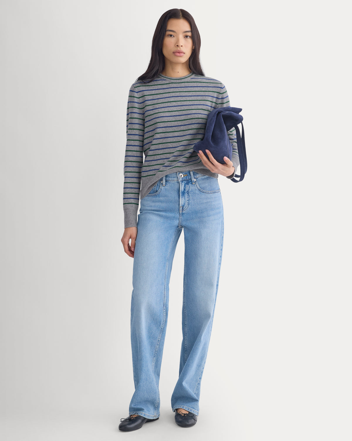 Cashmere Slim Crew Sweater | Grey Stripe