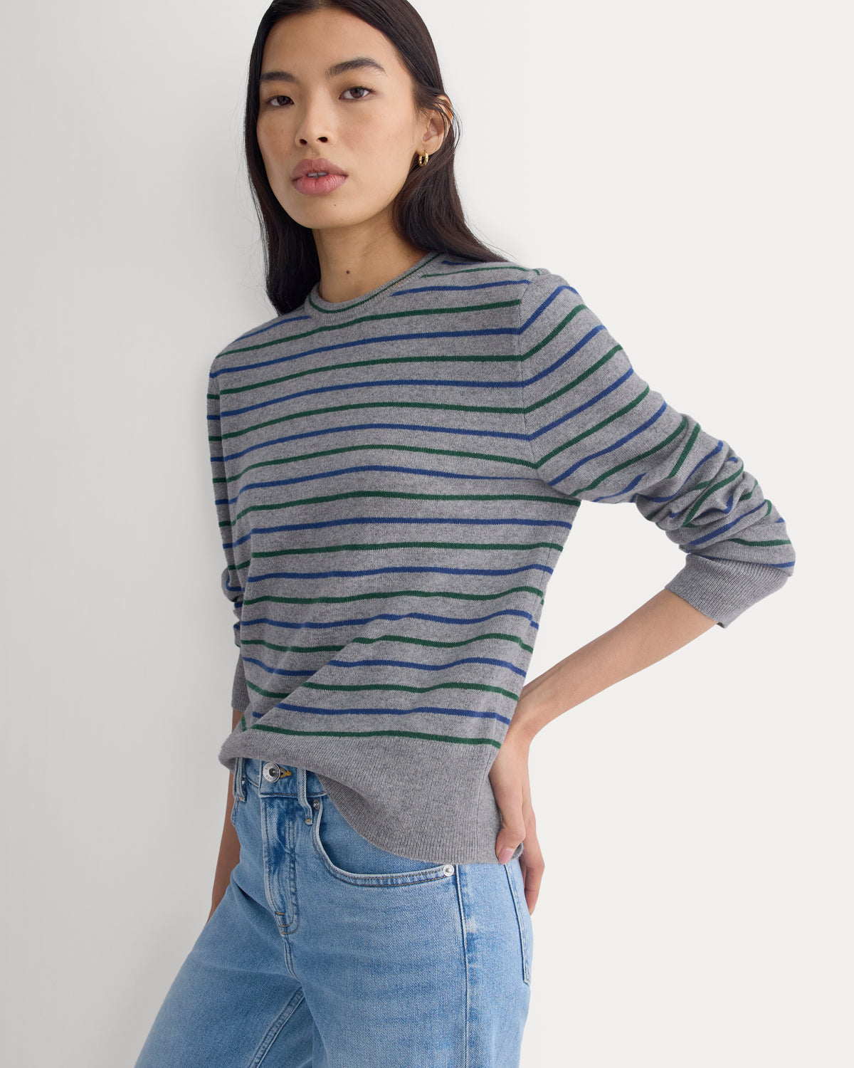 Cashmere Slim Crew Sweater | Grey Stripe