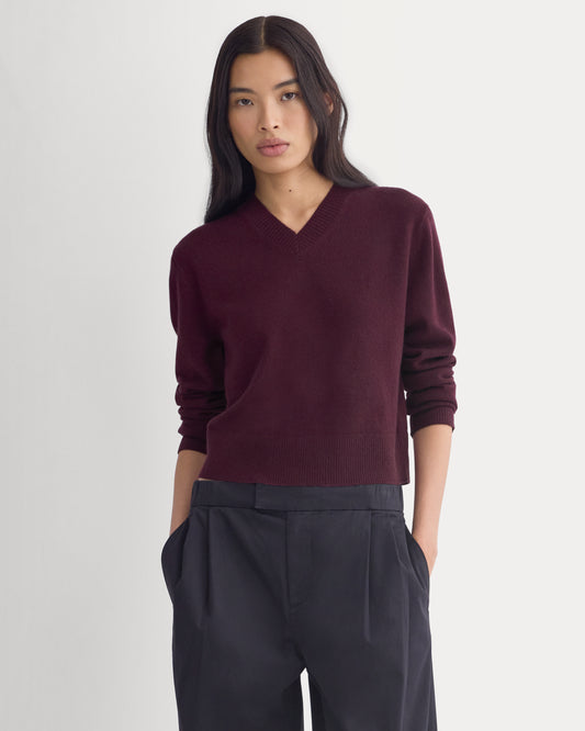 Cashmere Cropped High-V Sweater | Deep Plum