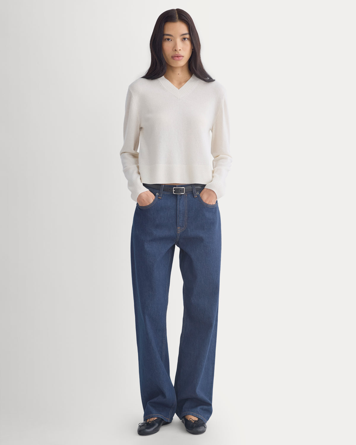 Cashmere Cropped High-V Sweater | Snow