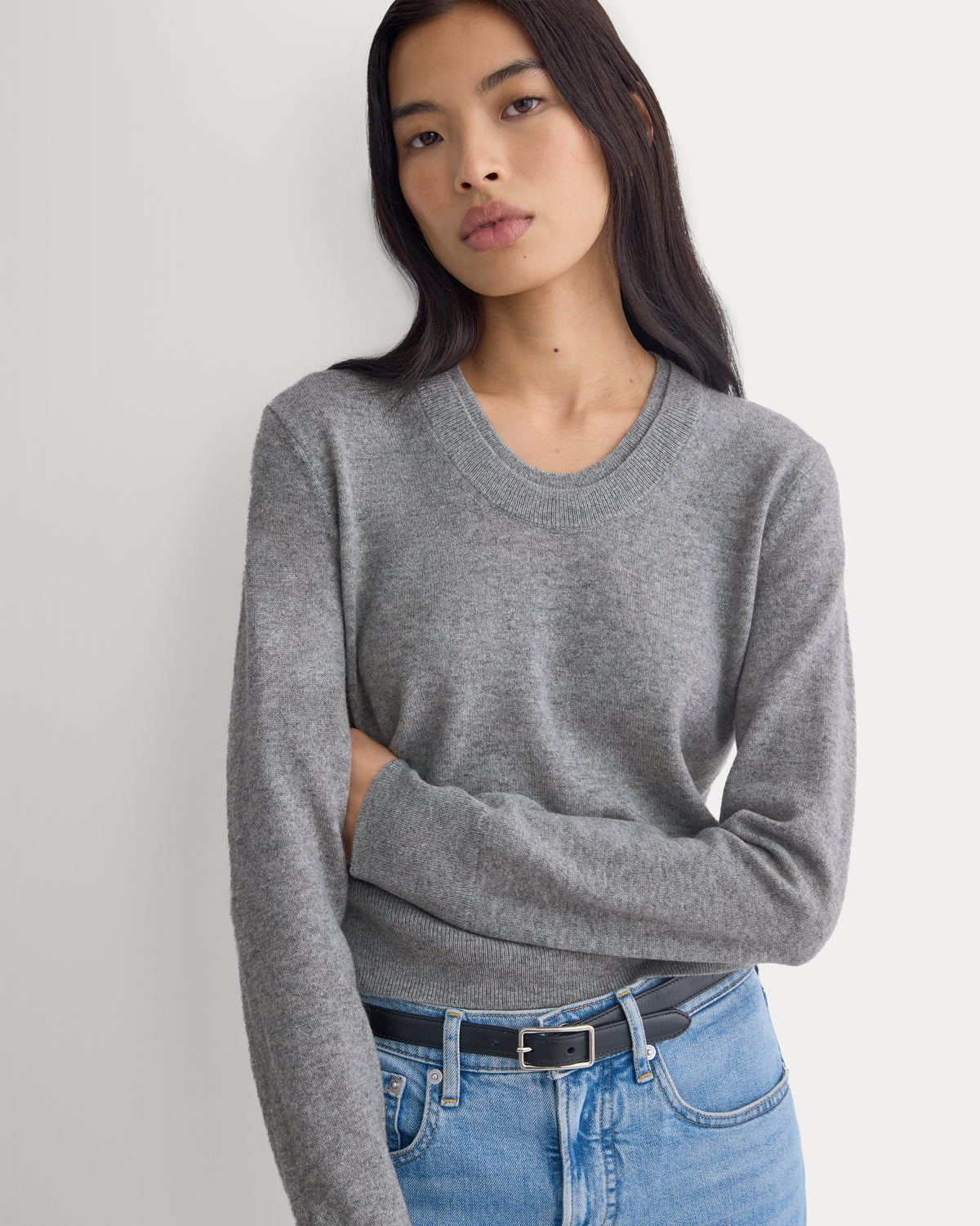 Fine Cashmere Long-Sleeve U-Neck Sweater | Heathered Light Grey