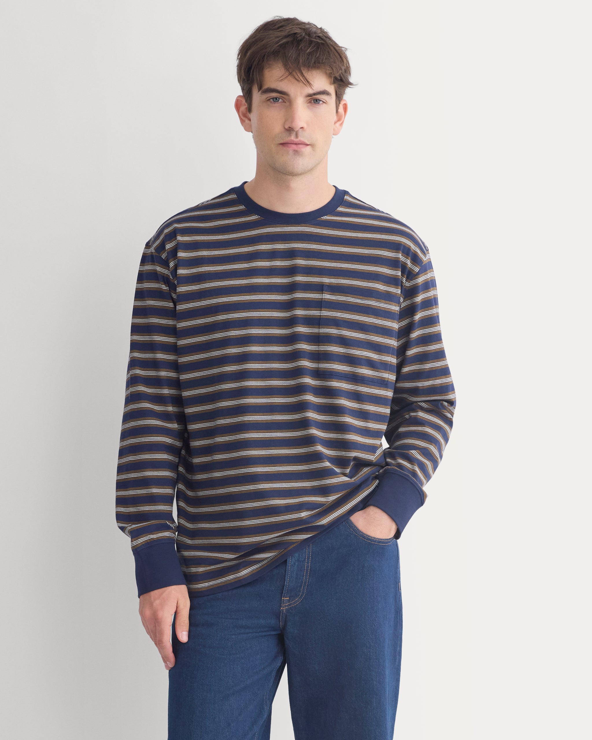 Forever Jersey Premium Long Sleeve Tee | Navy / Off White Stripe