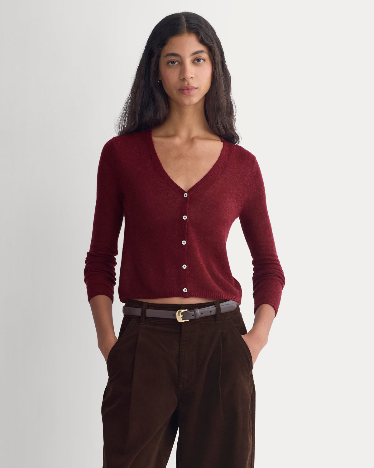 Air Alpaca Wide V Cropped Cardigan | Cabernet
