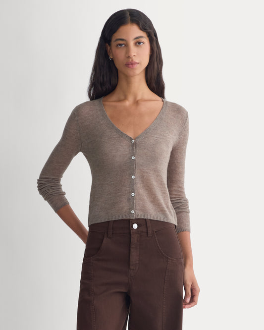 Air Alpaca Wide V Cropped Cardigan | Heathered Chocolate Chip
