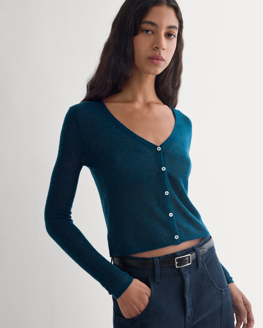 Air Alpaca Wide V Cropped Cardigan | Blue Wing Teal
