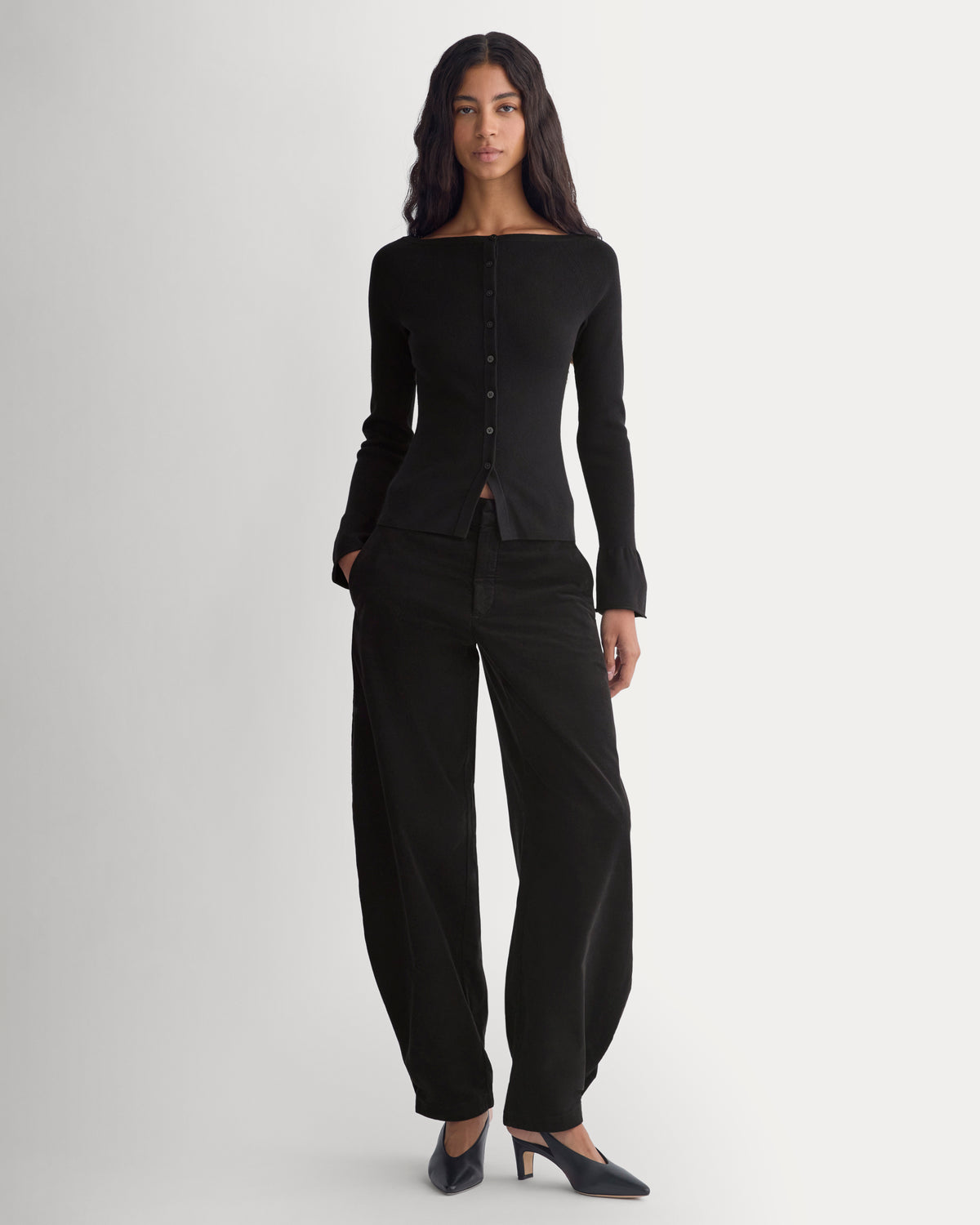Fine Knit Off-The-Shoulder Cardigan |  Black