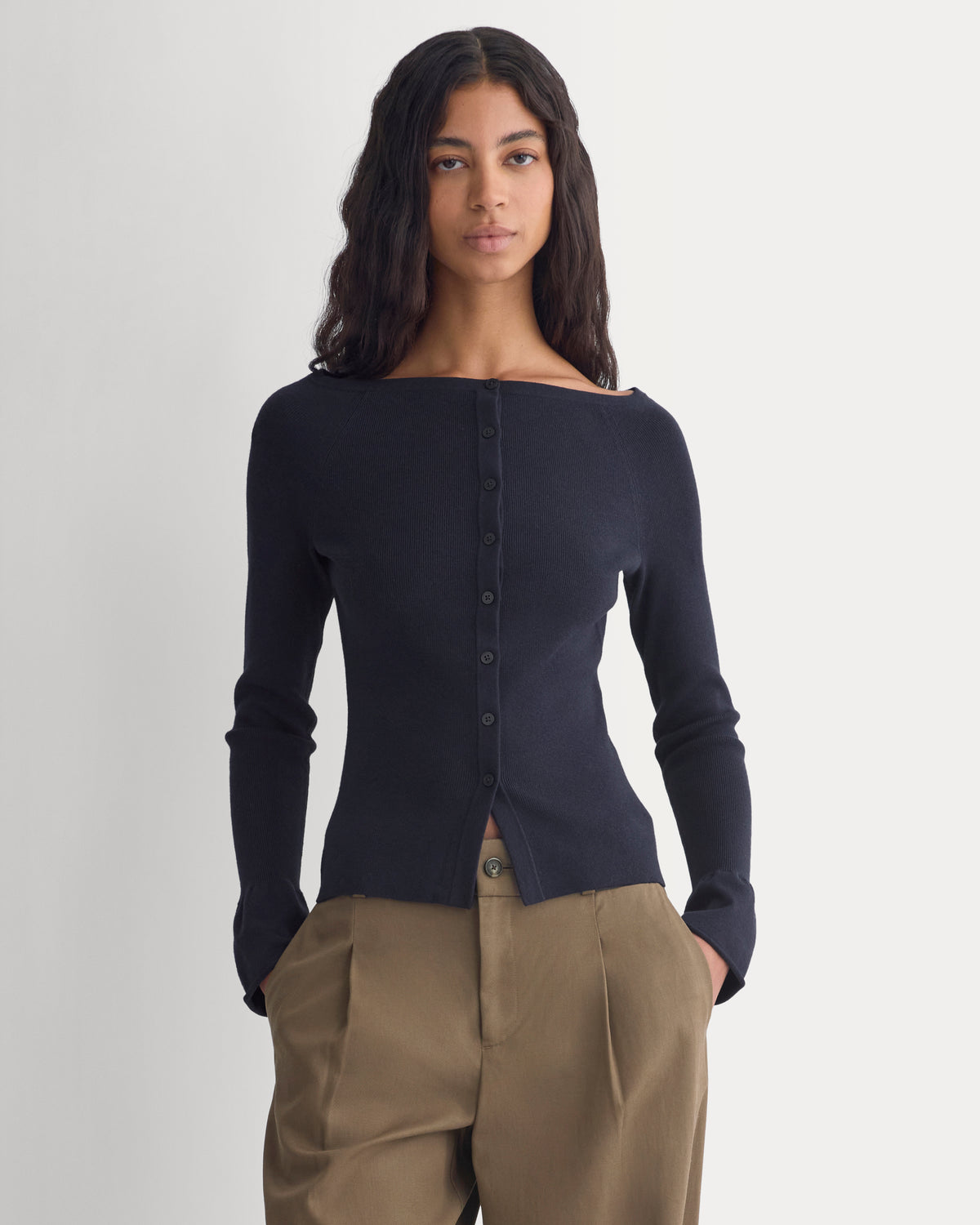 Fine Knit Off-The-Shoulder Cardigan | Navy