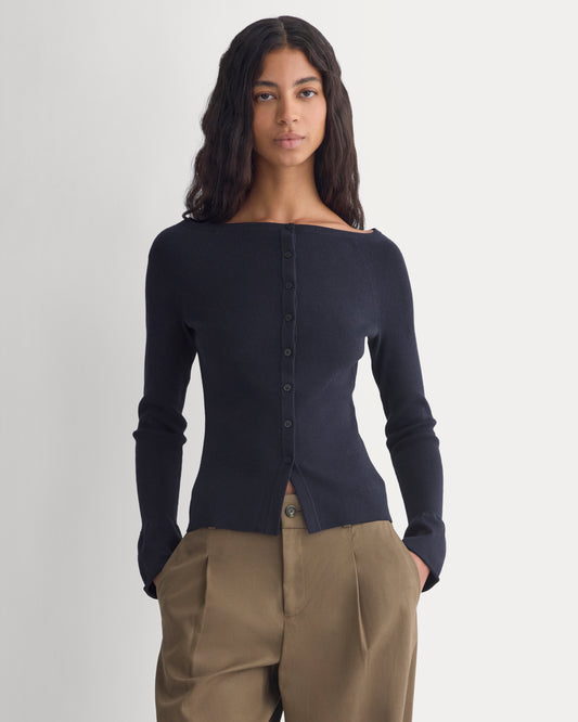 Fine Knit Off-The-Shoulder Cardigan | Navy