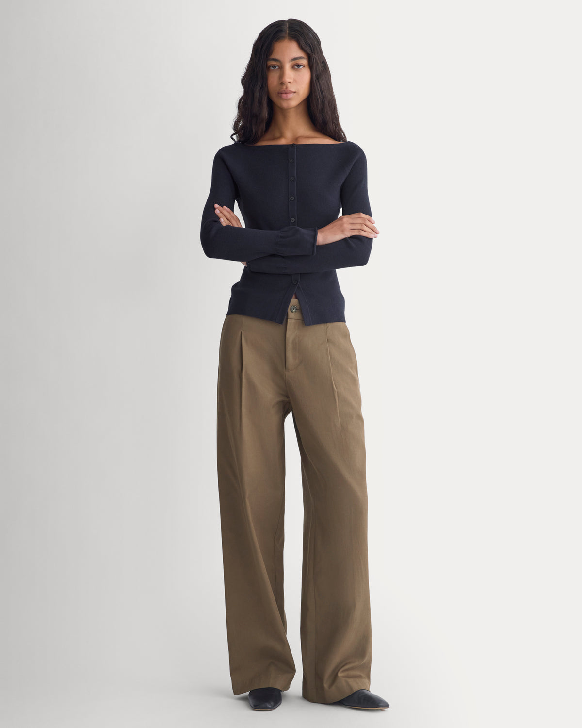 Fine Knit Off-The-Shoulder Cardigan | Navy