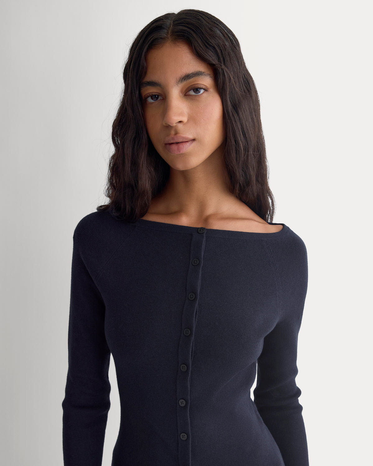 Fine Knit Off-The-Shoulder Cardigan | Navy
