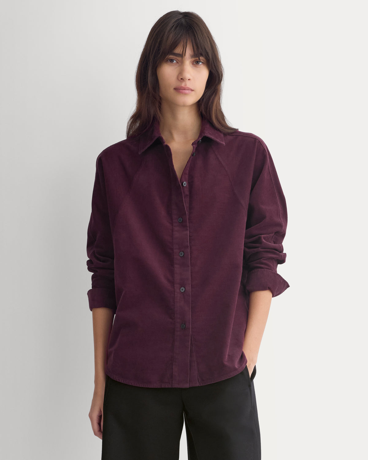 Oversized Raglan Shirt in Pinwale Corduroy - Eden Green | Deep Plum