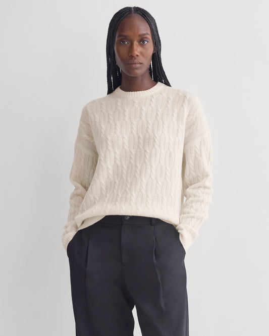 Relaxed Cable-Knit Crew in Luxe Merino | Bone