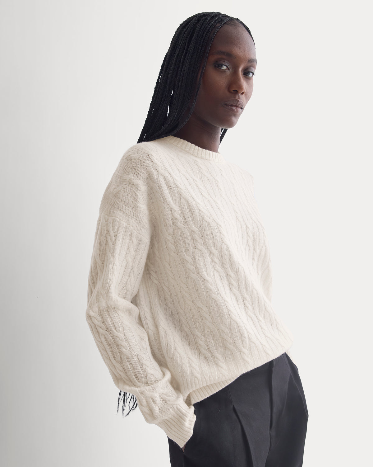Relaxed Cable-Knit Crew in Luxe Merino | Bone