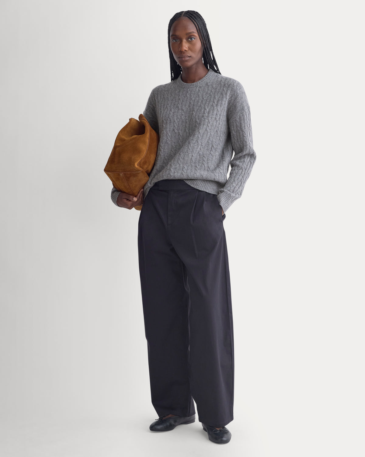 Relaxed Cable-Knit Crew in Luxe Merino | Heathered Mid-Grey