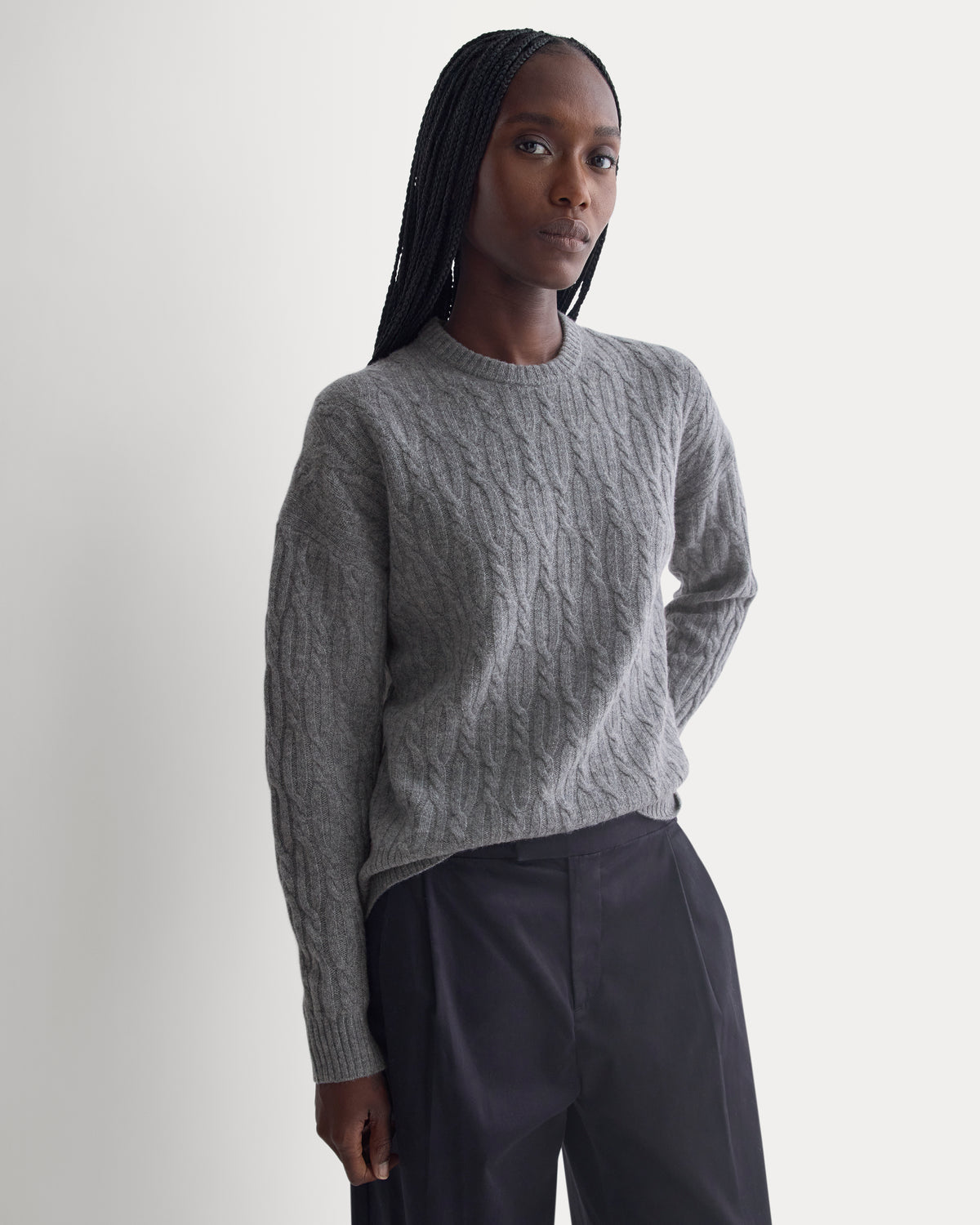 Relaxed Cable-Knit Crew in Luxe Merino | Heathered Mid-Grey