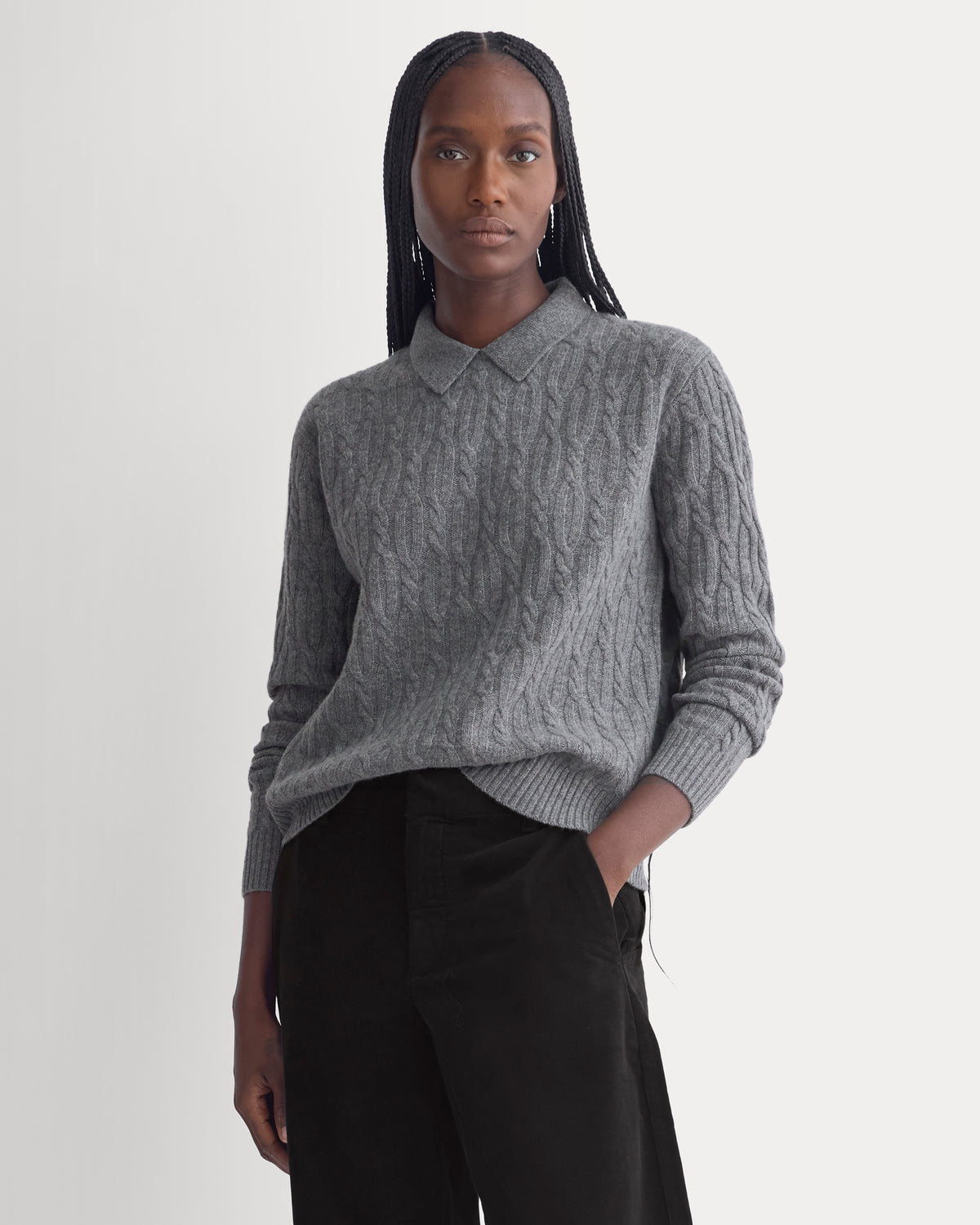 Cable-Knit Polo in Luxe Merino | Heathered Mid-Grey