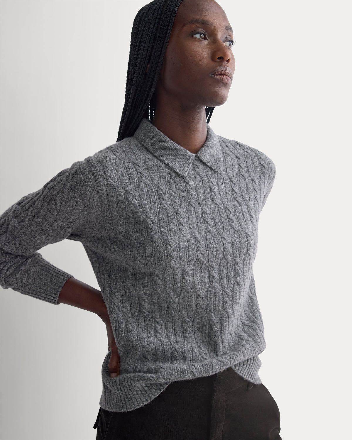 Cable-Knit Polo in Luxe Merino | Heathered Mid-Grey