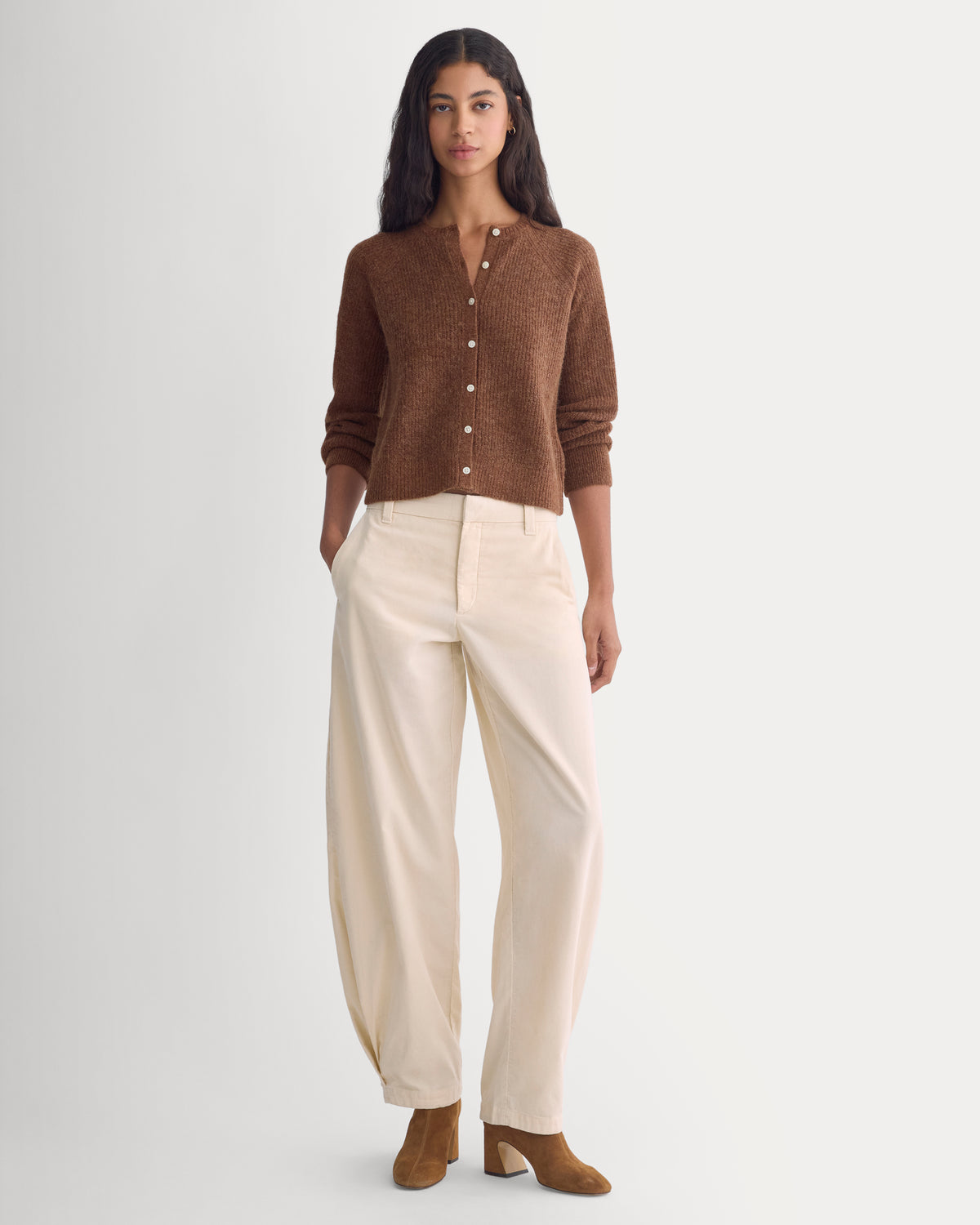 Ribbed Cropped Cardigan in Alpaca | Heathered Amber
