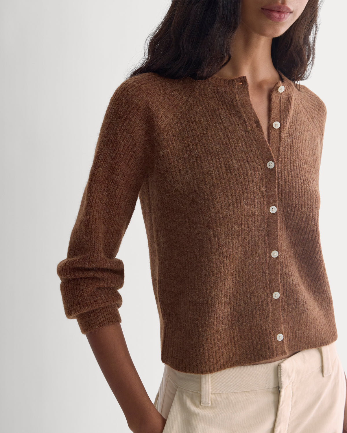 Ribbed Cropped Cardigan in Alpaca | Heathered Amber