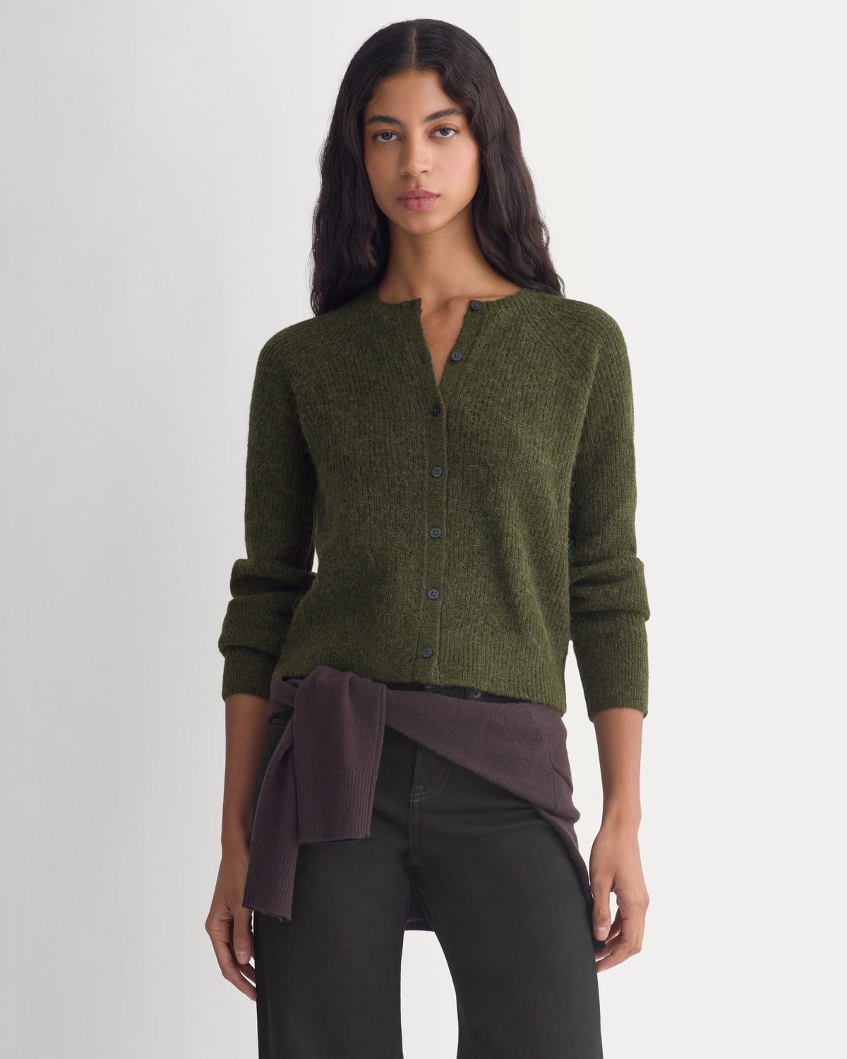 Ribbed Cropped Cardigan in Alpaca | Dark Forest