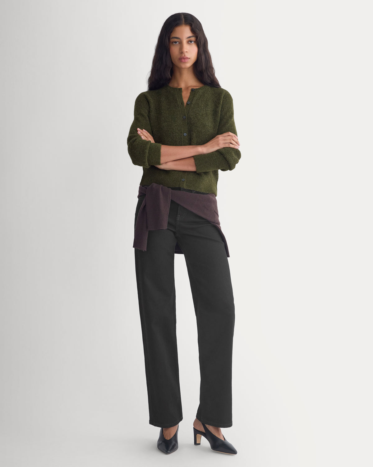 Ribbed Cropped Cardigan in Alpaca | Dark Forest