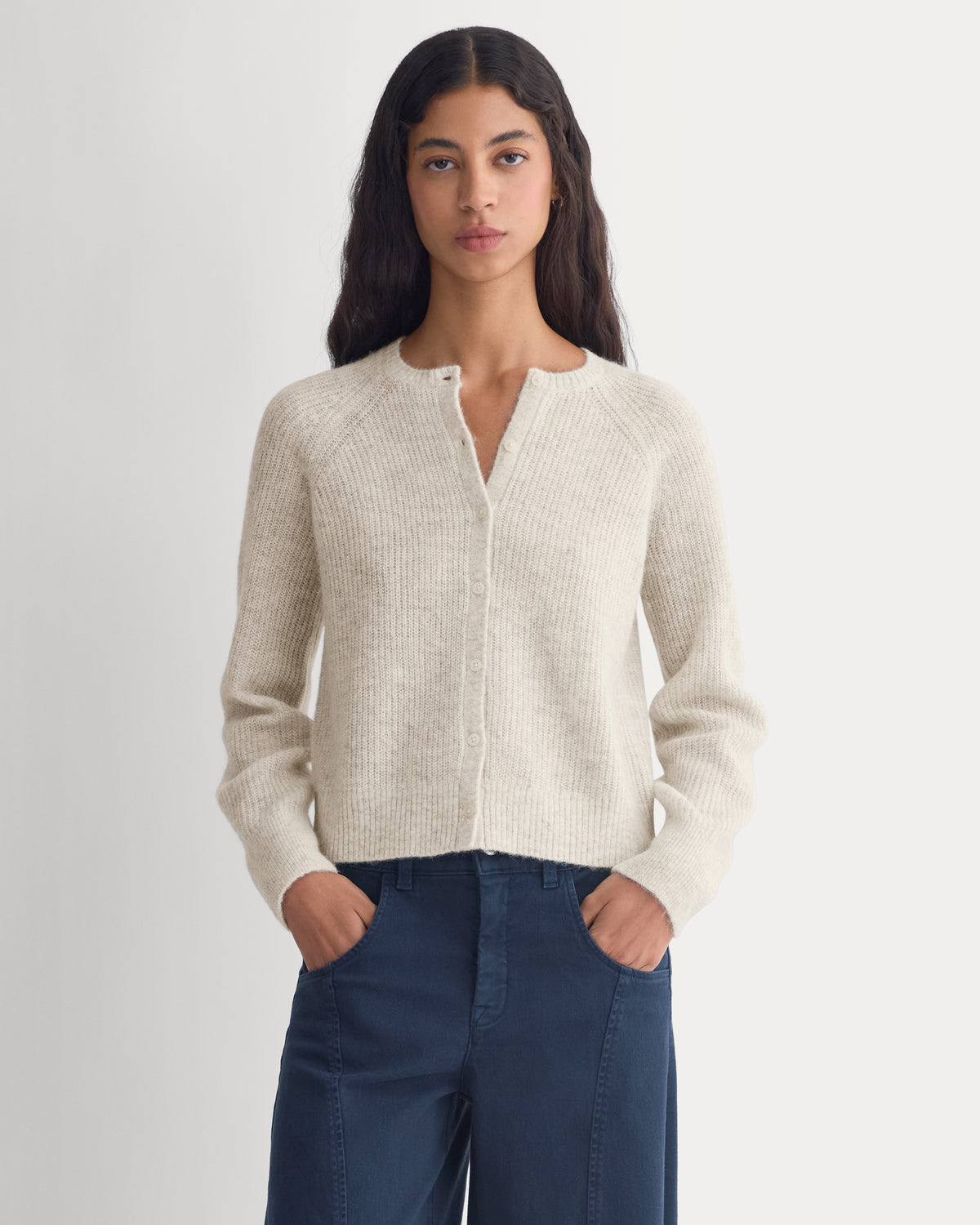 Ribbed Cropped Cardigan in Alpaca | Almond