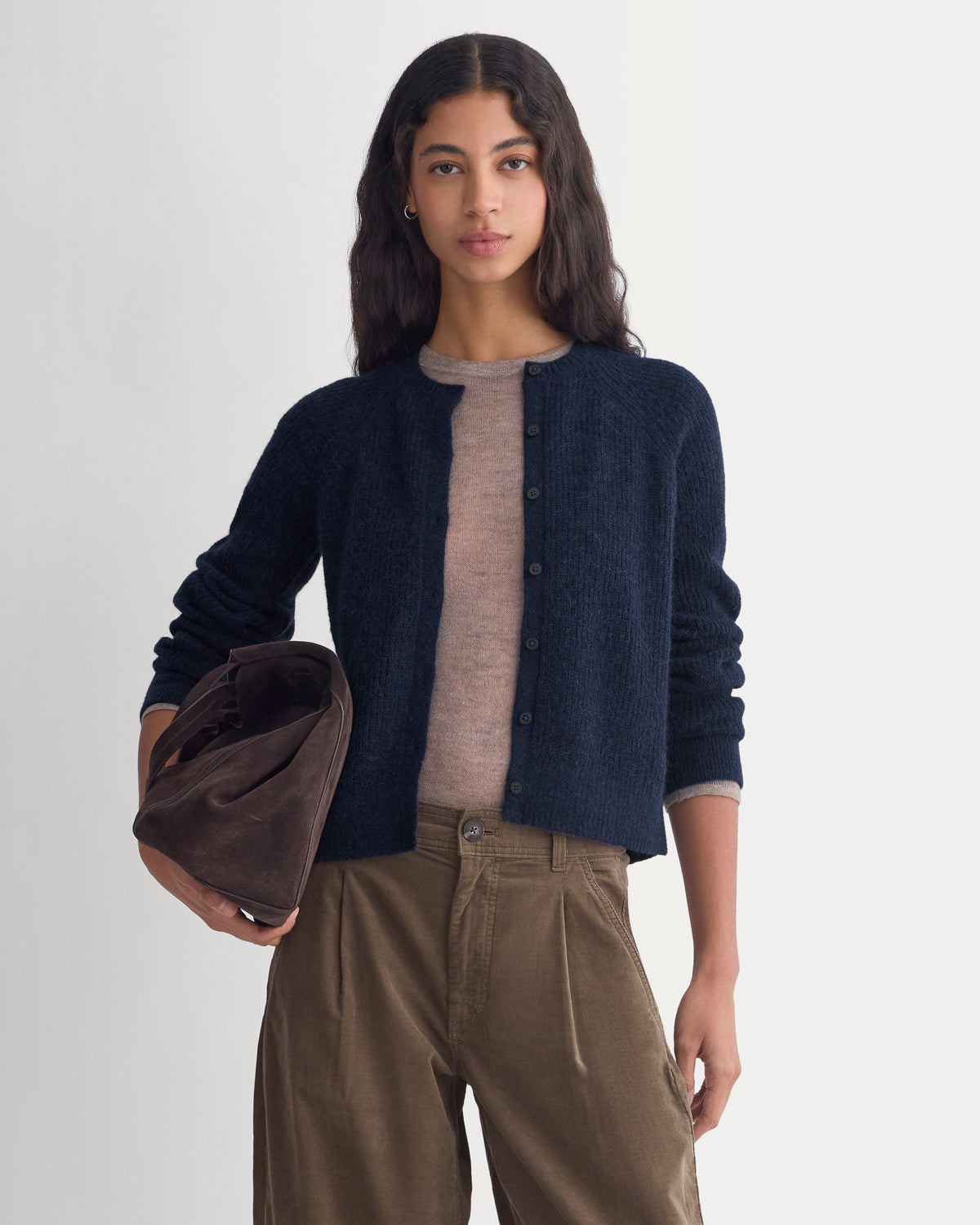 Ribbed Cropped Cardigan in Alpaca |  Navy