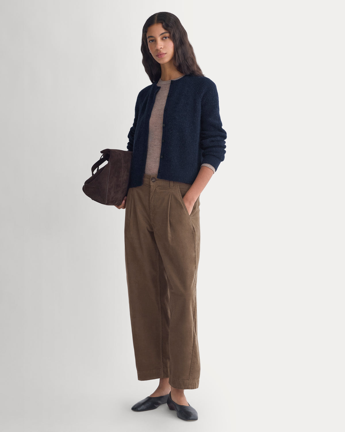 Ribbed Cropped Cardigan in Alpaca |  Navy