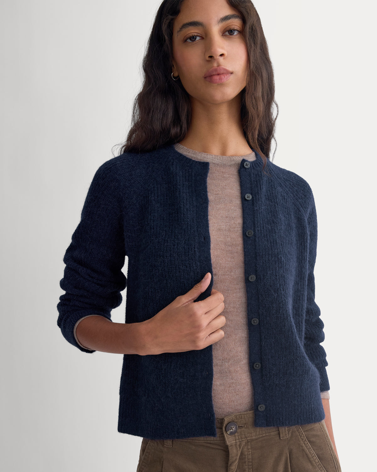 Ribbed Cropped Cardigan in Alpaca |  Navy