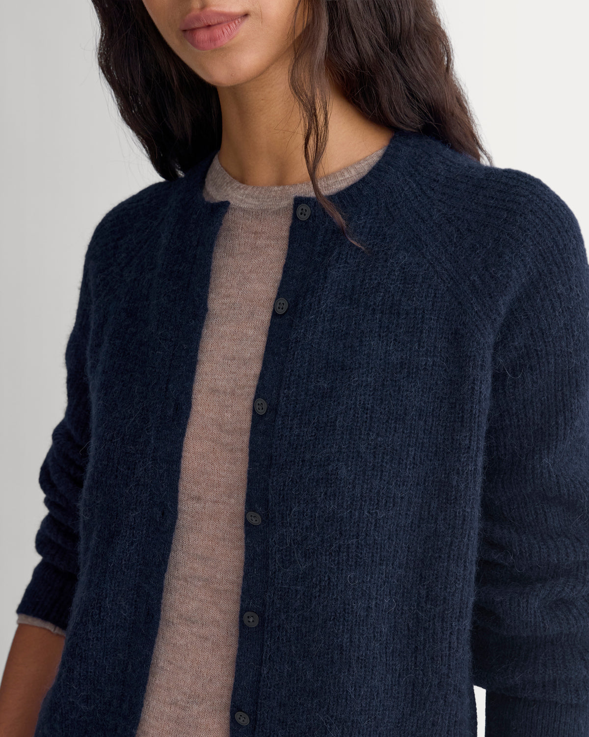 Ribbed Cropped Cardigan in Alpaca |  Navy