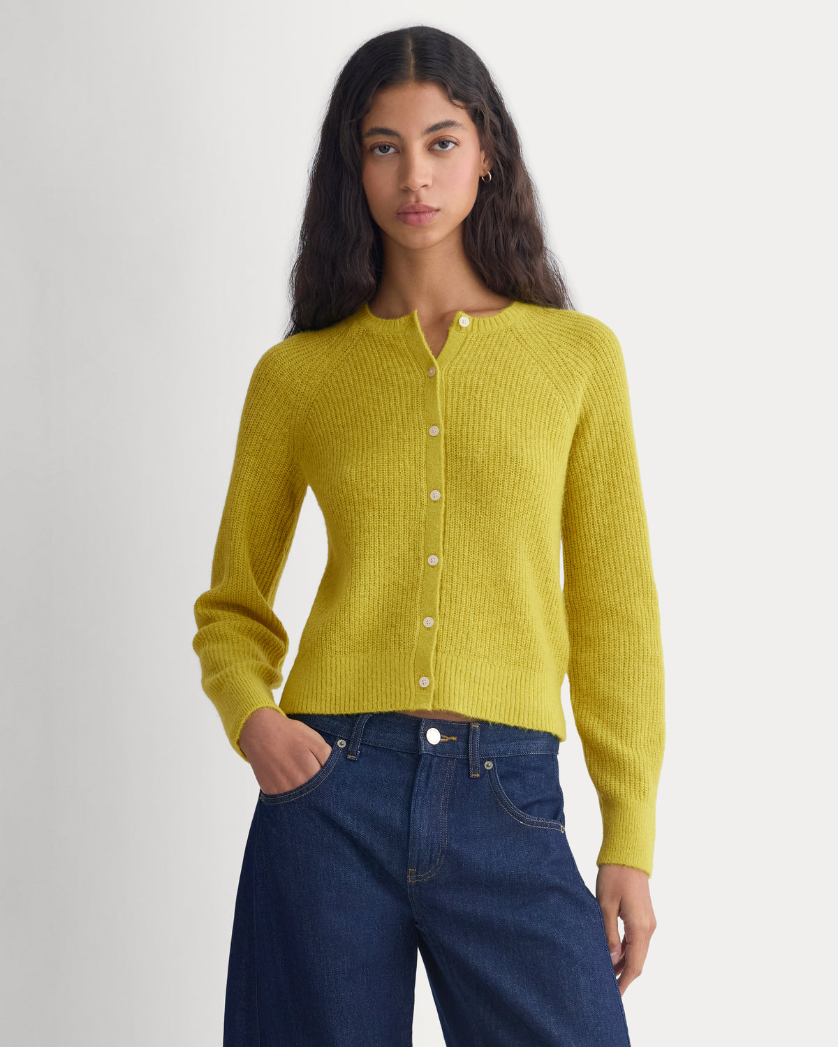 Ribbed Cropped Cardigan in Alpaca | Warm Olive