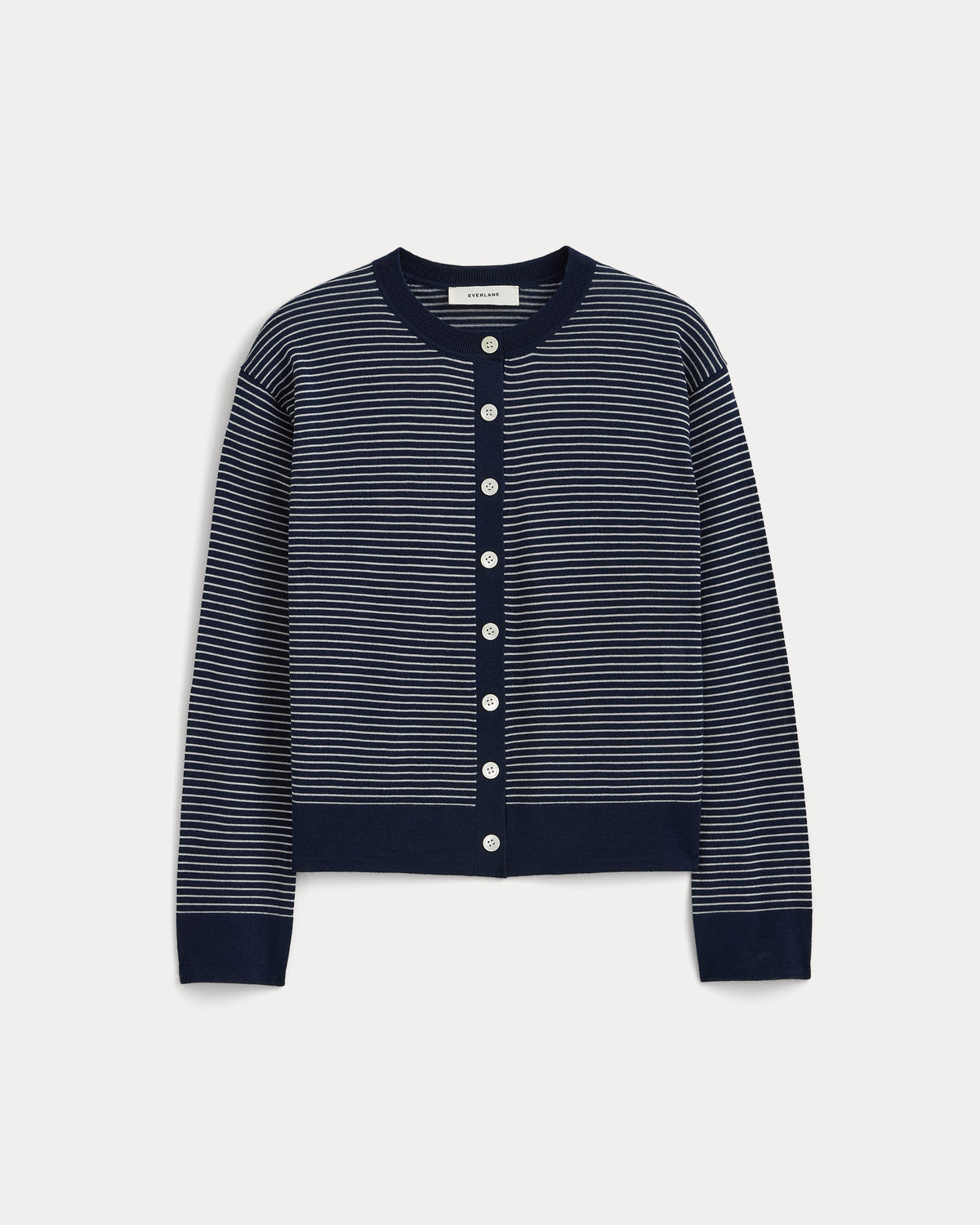 Crew Cardigan in Ultrasoft Merino | True Navy / Bone Stripe