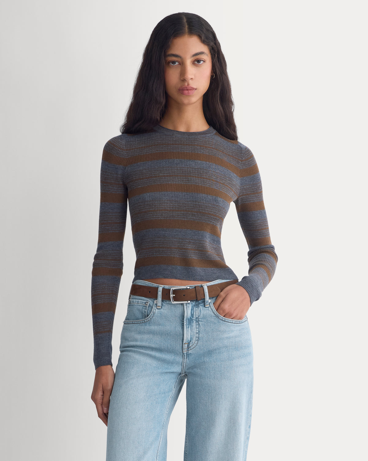 The Cropped Crew Top in Ultrafine Merino | Cocoa/Heather Charcoal