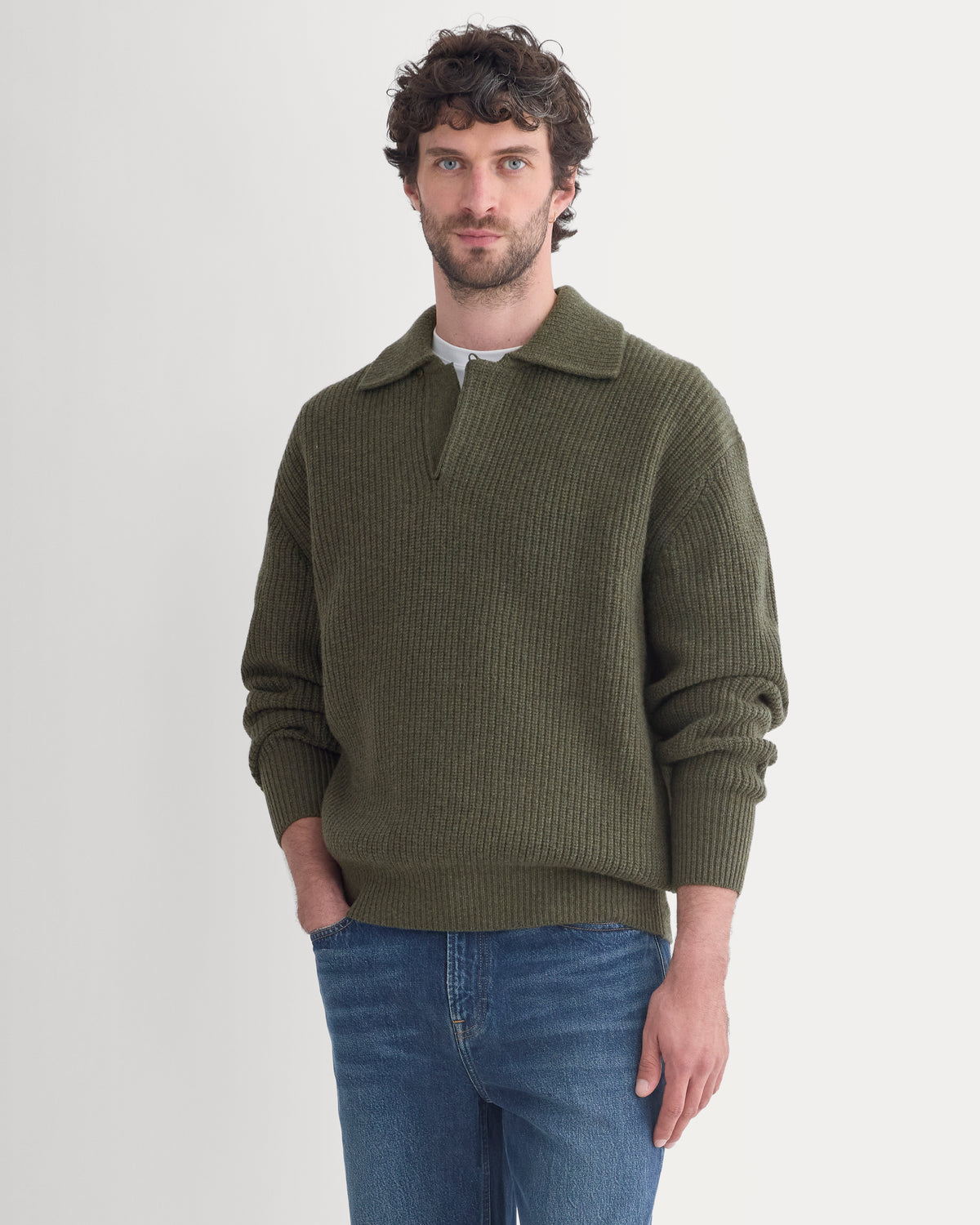 Ribbed Collared Sweater in Felted Merino | Heathered Olive Night