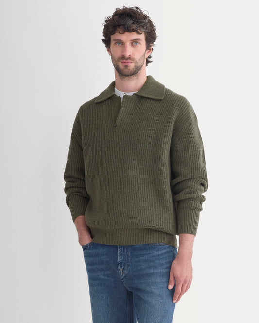 Ribbed Collared Sweater in Felted Merino | Heathered Olive Night