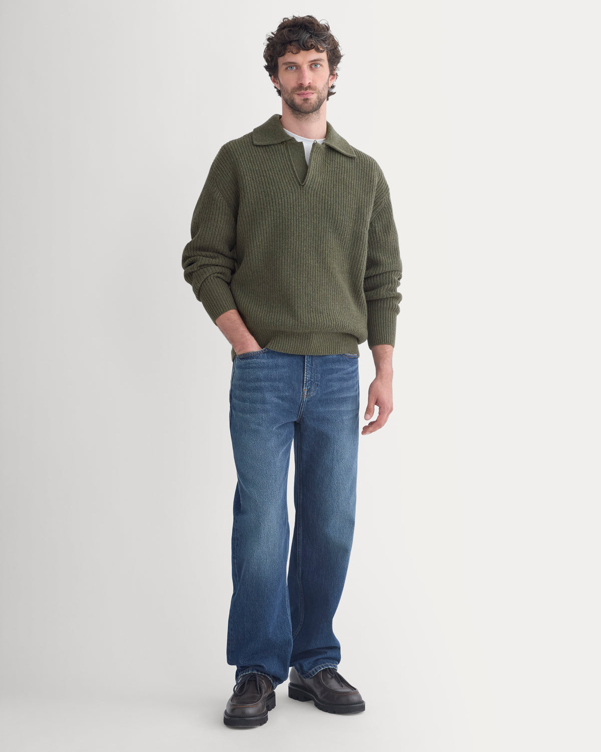Ribbed Collared Sweater in Felted Merino | Heathered Olive Night