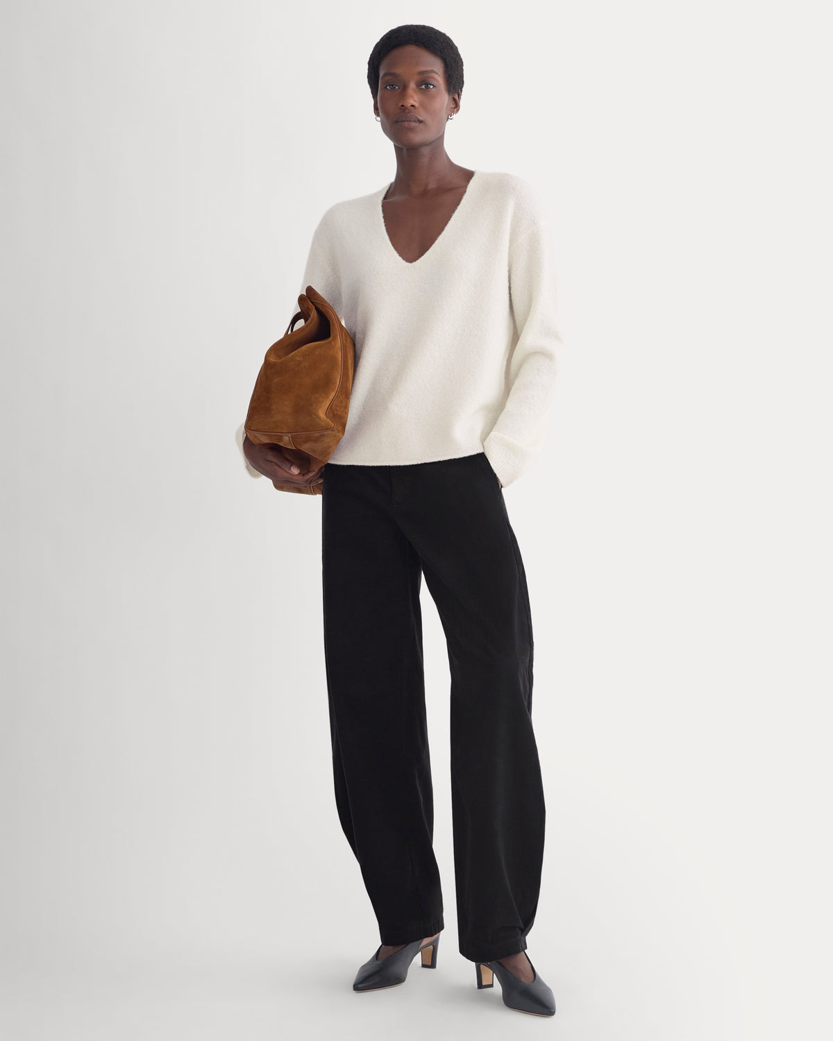 Bouclé Oversized Deep V-Neck Sweater | Bone