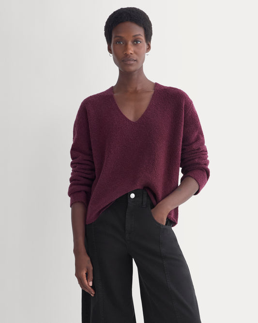 Bouclé Oversized Deep V-Neck Sweater | Deep Plum