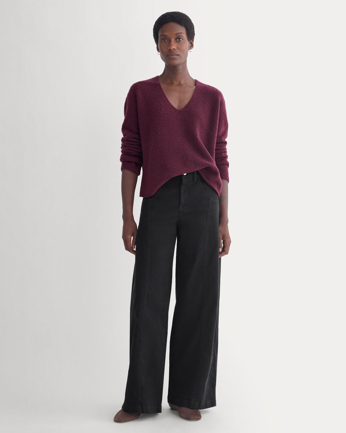 Bouclé Oversized Deep V-Neck Sweater | Deep Plum