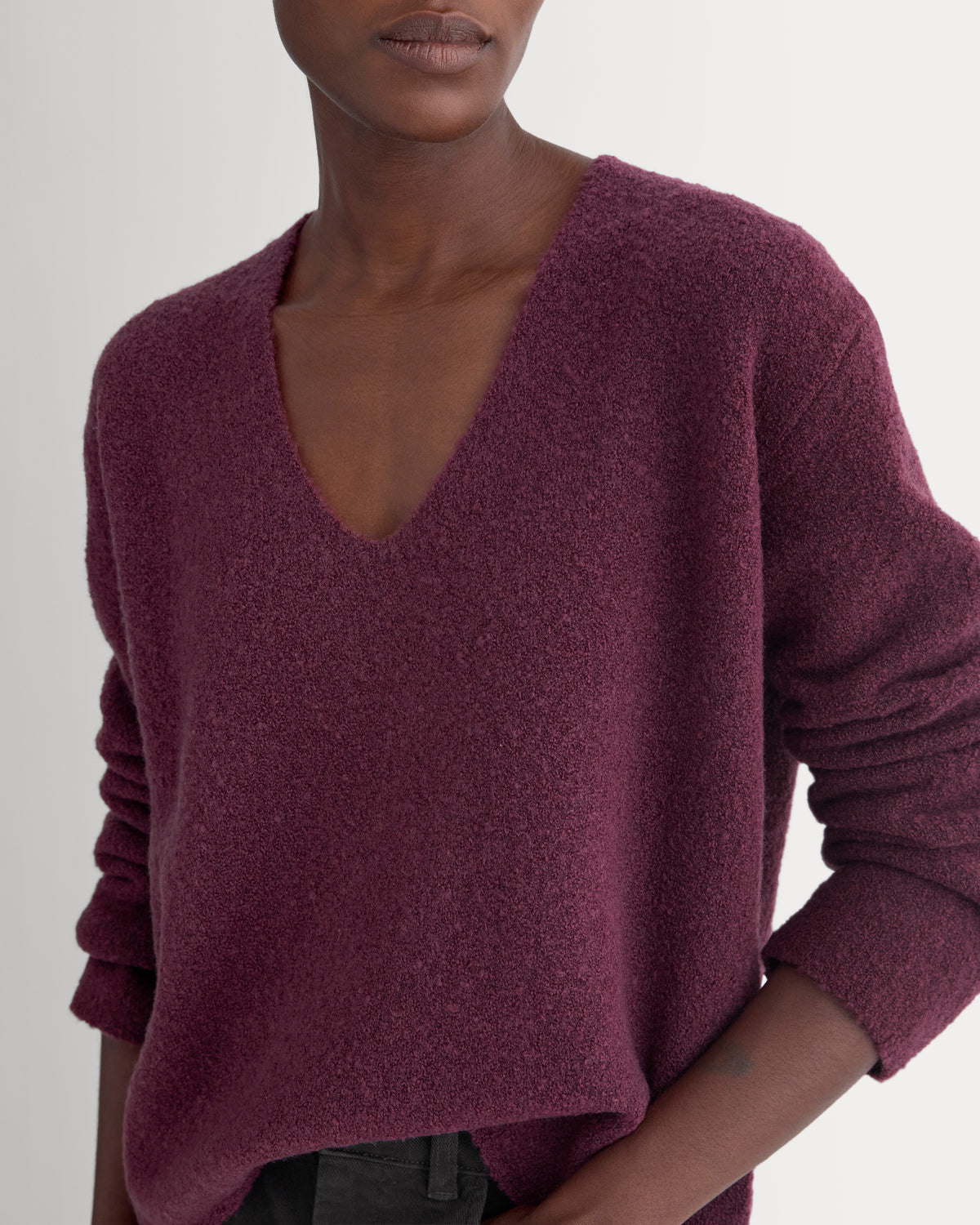 Bouclé Oversized Deep V-Neck Sweater | Deep Plum
