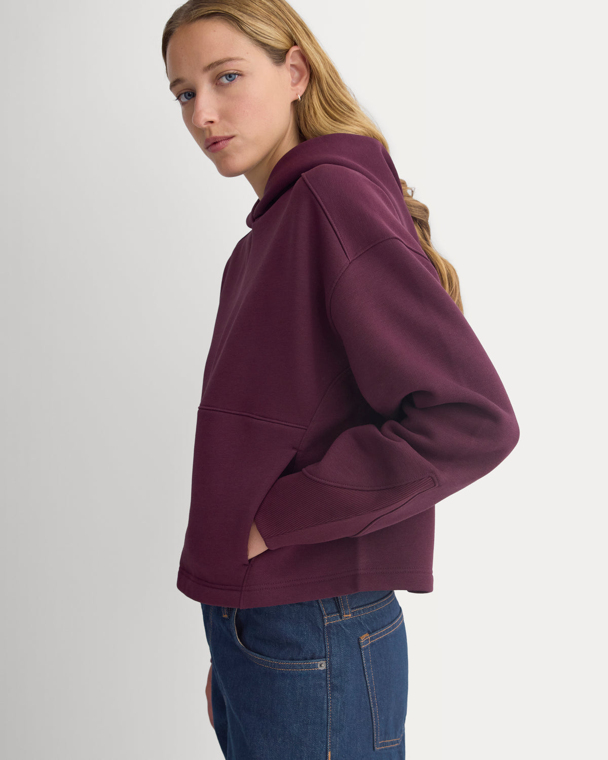 Luxe Fleece Seamed Cropped Hoodie | Deep Plum