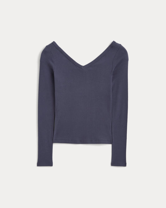 RetroSoft Cotton Wide V-Neck Top | Graystone