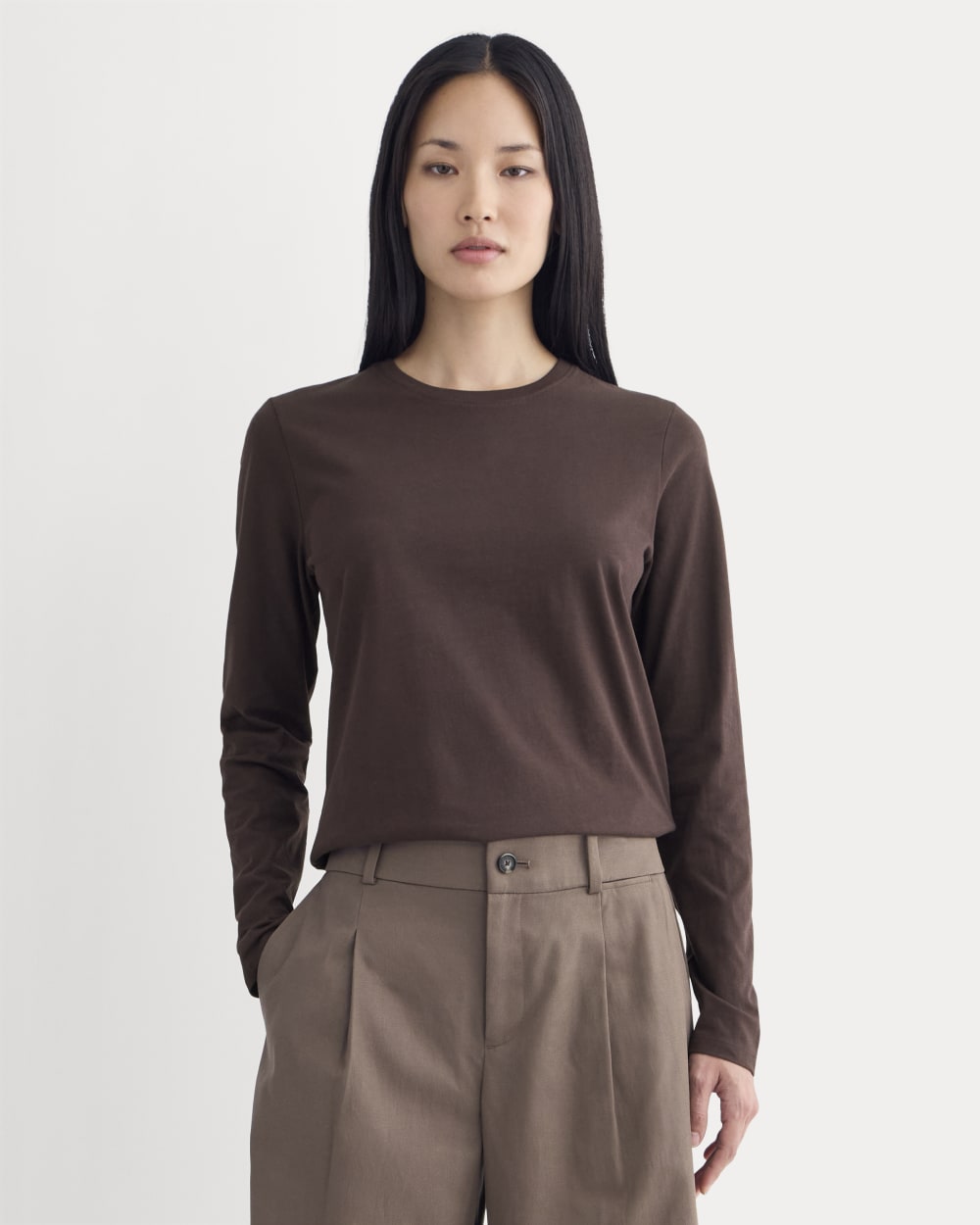 womens-essential-slim-long-sleeve-crew-dark-chocolate | primary