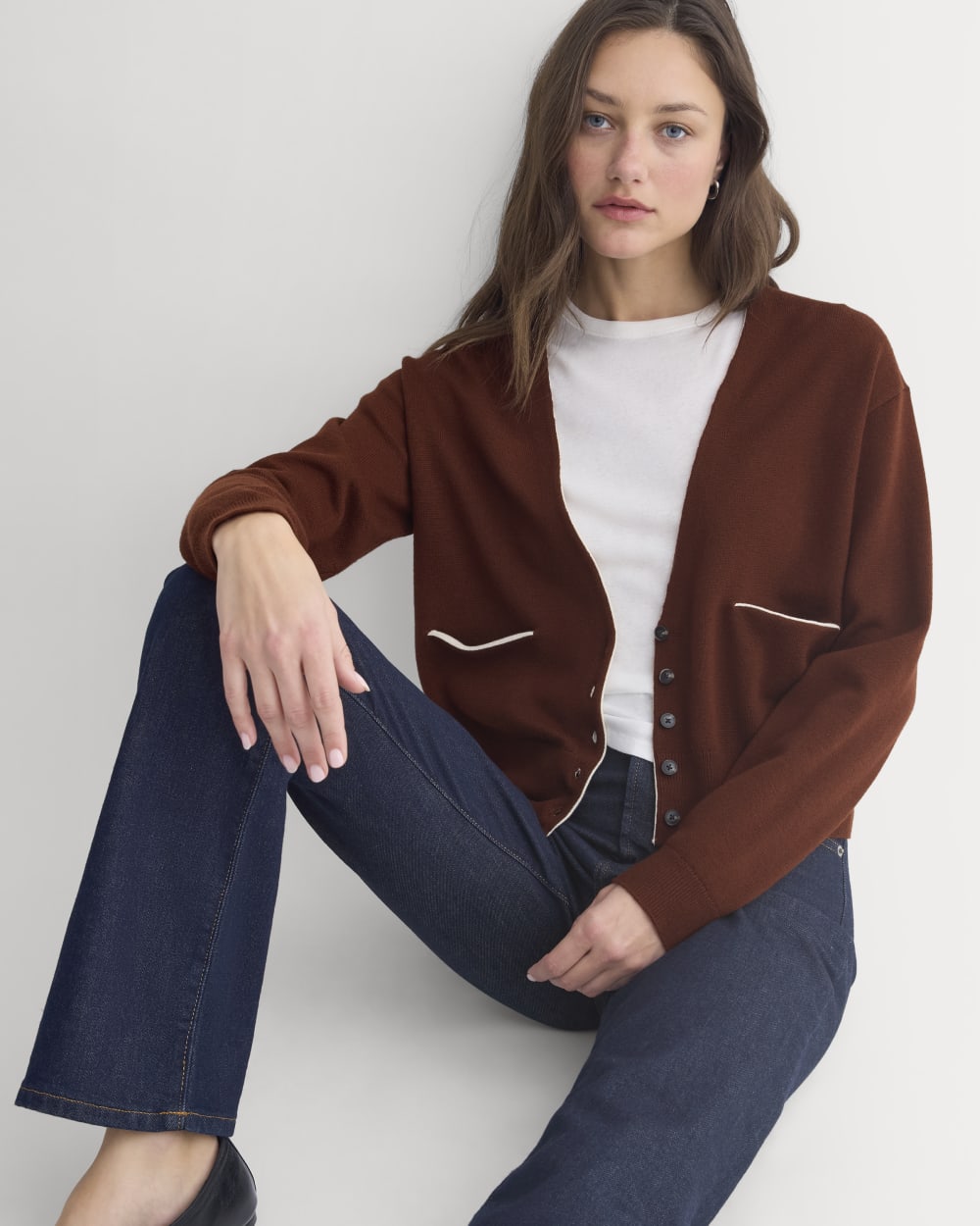 Deep V-Neck Cardigan in Cotton Merino